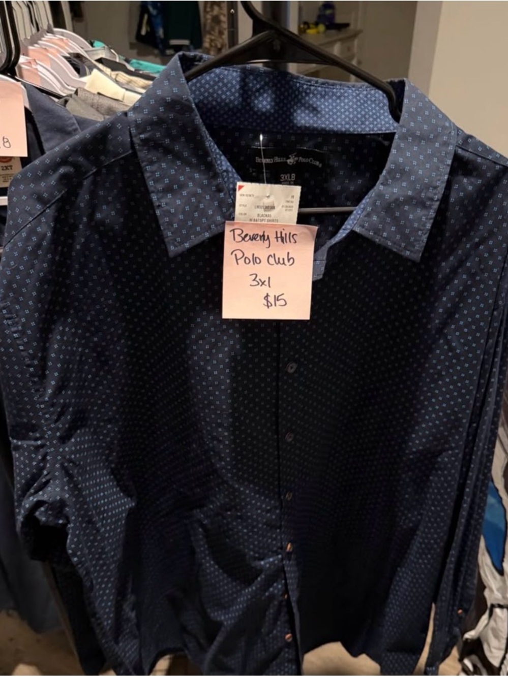 Beverly Hills Polo Club Navy Button-Down Shirt with Light Blue Micro Dot
